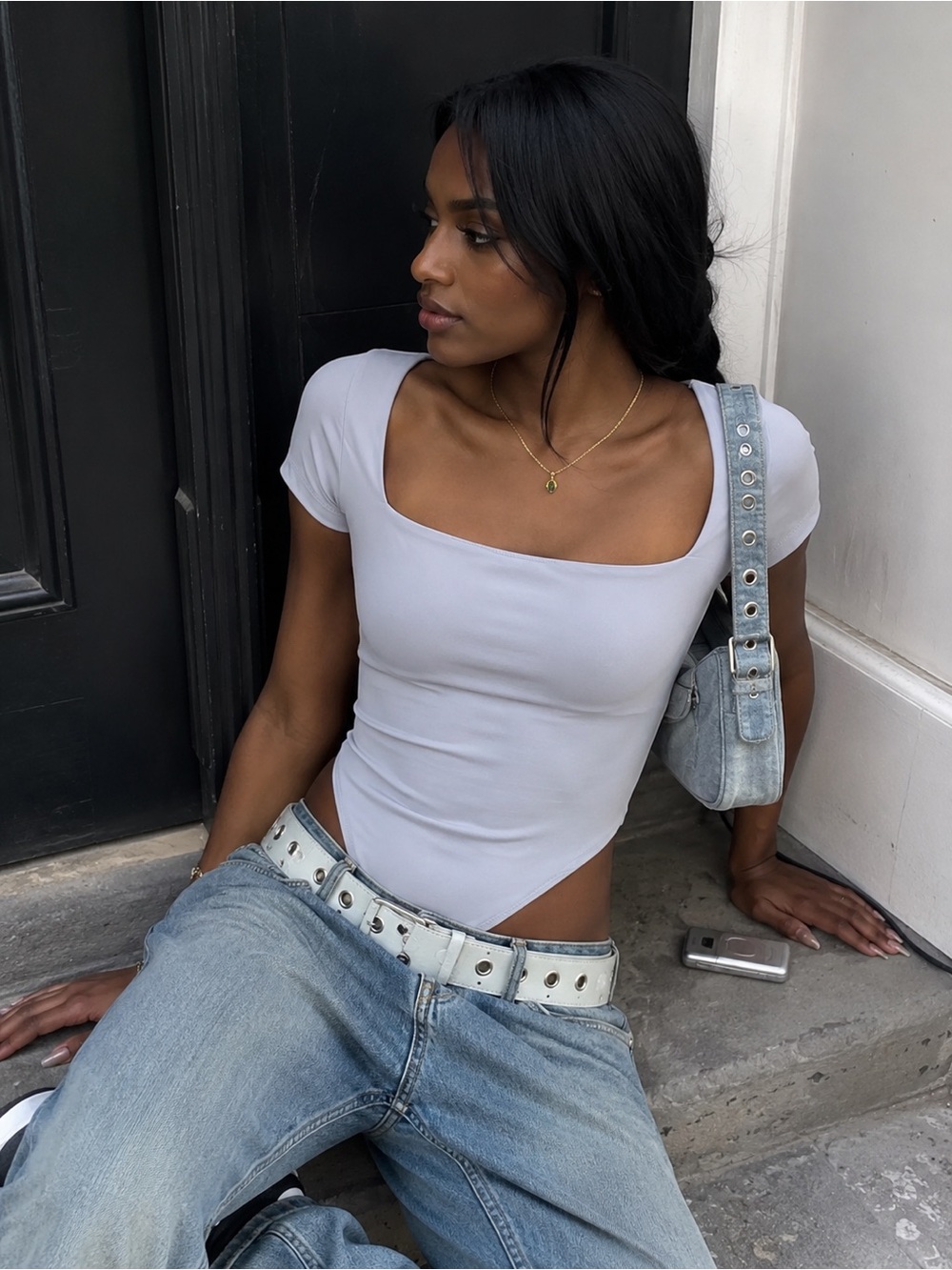 Aritzia Babaton Contour Squareneck Shortsleeve Bodysuit Nylon XS Chrome NWT